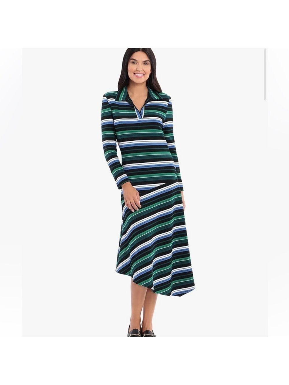 Maggy London Farren Shirt Collar Stripe Asymmetrical Long Sleeve Dress, size 16
